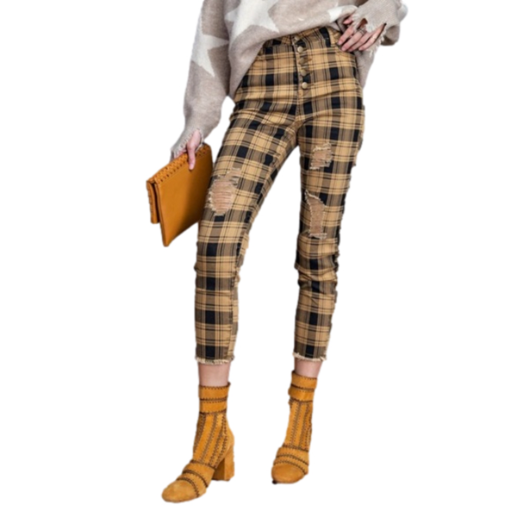 Easel it’s retro time plaid distressed pants size small button fly